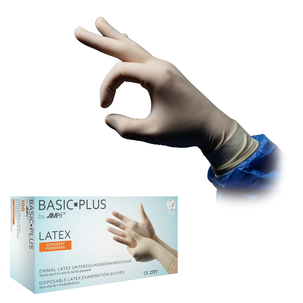 Latex gloves, white, size M, powdered, Basic-Plus: buy latex disposable gloves for examination & protection.