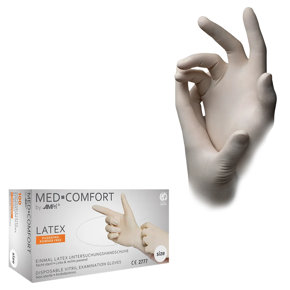 Latex gloves, white, size M, powderfree, Med-Comfort: buy latex disposable gloves for examination & protection.