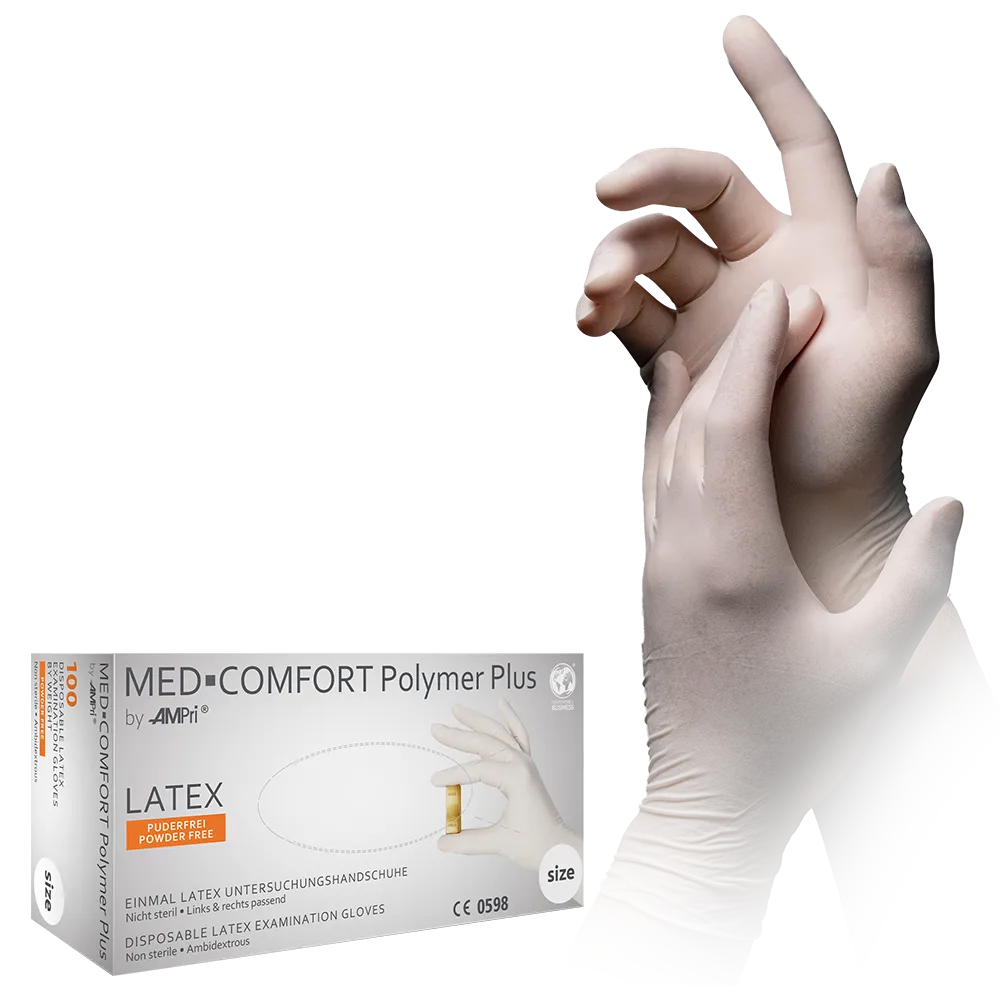 Latex gloves, light beige, size M, powderfree, Med-Comfort Polymer Plus: buy latex disposable gloves as examination gloves & protective gloves.