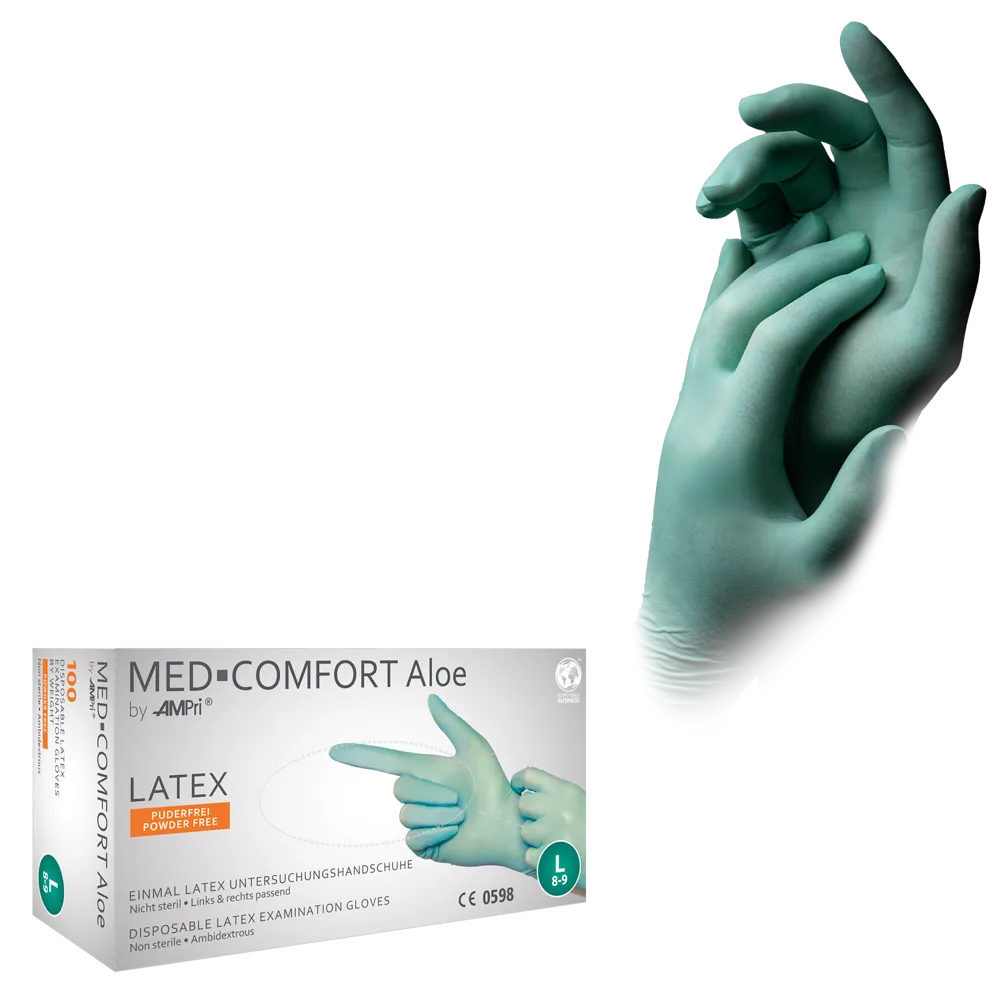 Latex gloves, mint green, size M, powderfree, Med-Comfort Aloe: buy latex disposable gloves as examination gloves & protective gloves.