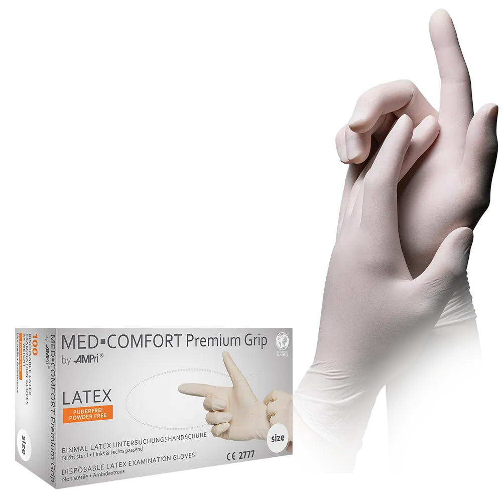 Latex gloves, white, size M, powderfree, Med-Comfort Premium Grip