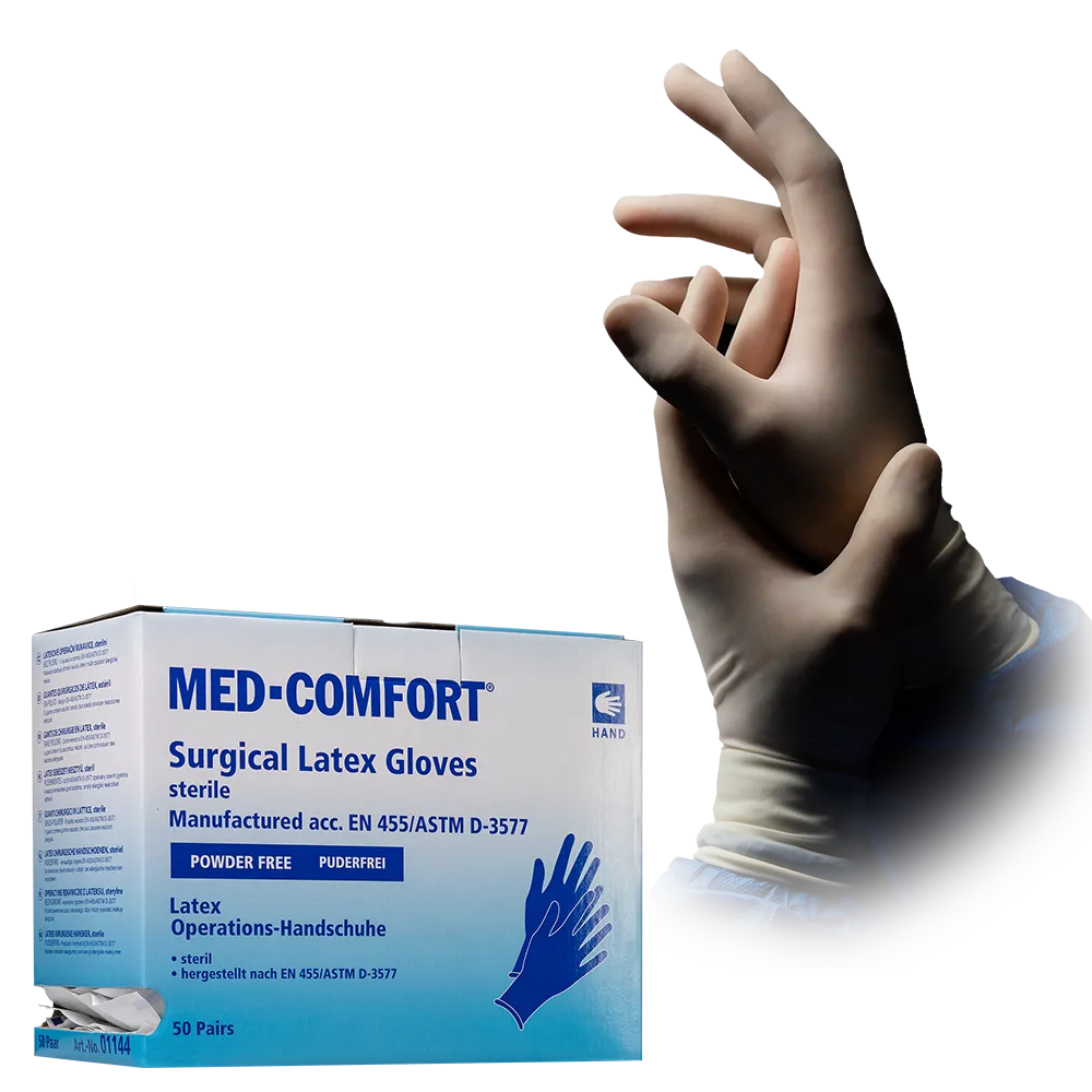 Surgical gloves, Latex disposable gloves, powderfree, white, size 8,0, Med-Comfort: buy sterile disposable surgical gloves made of latex.