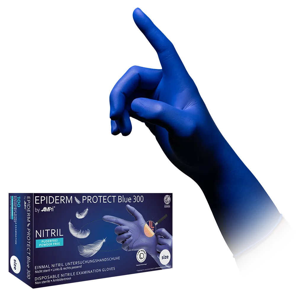 Nitrile gloves, blue, size M, powder-free, Epiderm Protect Blue 300 by Med-Comfort: buy extra long, skin-friendly nitrile disposable gloves as protective gloves and examination gloves made of nitrile.