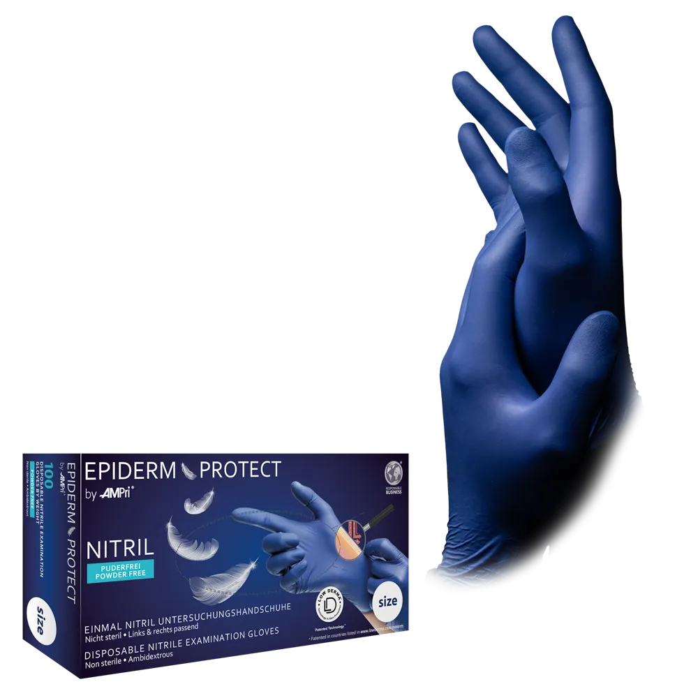 Nitrile gloves, metal blue, size XL, powderfree, EpidermProtect by Med-Comfort: buy skin friendly nitrile disposable gloves as protective gloves and examination gloves made of nitrile.