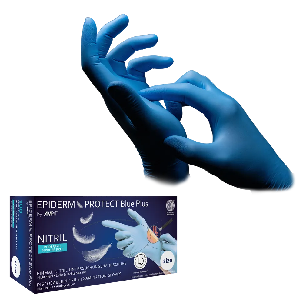 Nitrile gloves, light blue, blue, size M, powder-free, Epiderm Protect Blue Plus by Med-Comfort: buy skin-friendly and food-safe nitrile disposable gloves as protective gloves and examination gloves made of nitrile.