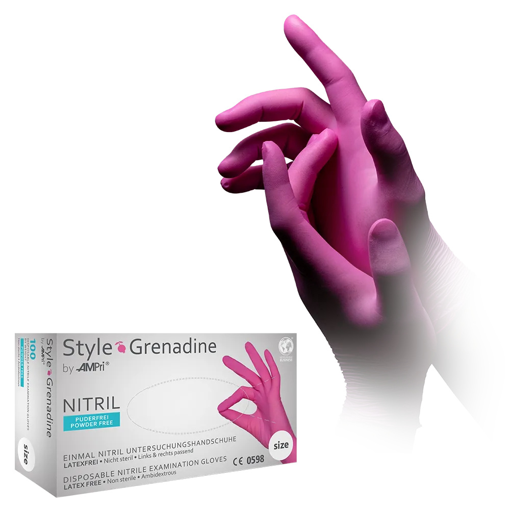 Nitrile gloves, magenta, pink, size M, powderfree, style Grenadine by Med-Comfort: buy nitrile disposable gloves as protective gloves and examination gloves in coloured nitrile.