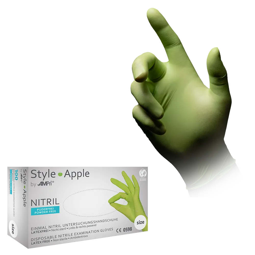 Nitrile gloves, apple green, size L, powderfree, style Apple by Med-Comfort: buy nitrile disposable gloves as protective gloves and examination gloves in coloured nitrile.