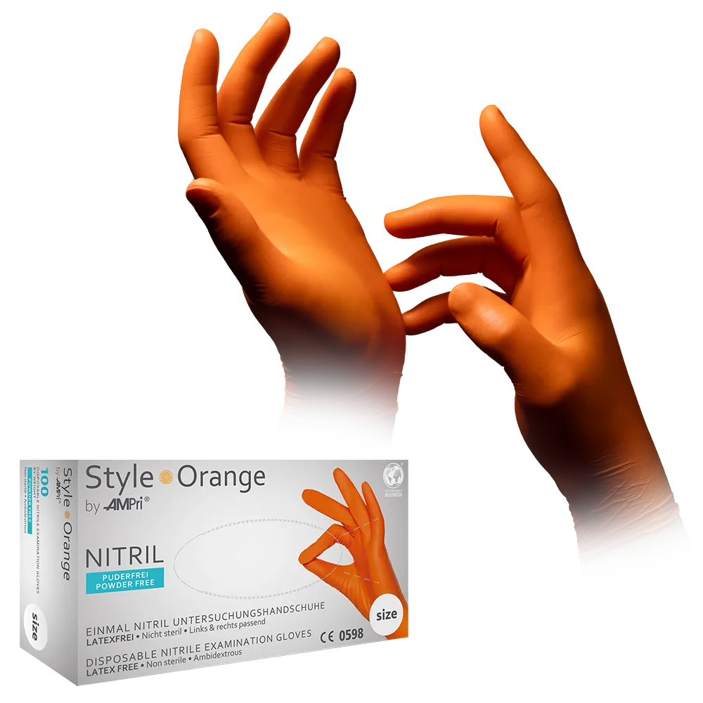 Nitrile gloves, orange, size M, powder free, style orange by Med-Comfort: buy nitrile disposable gloves as protective gloves and examination gloves in coloured nitrile.