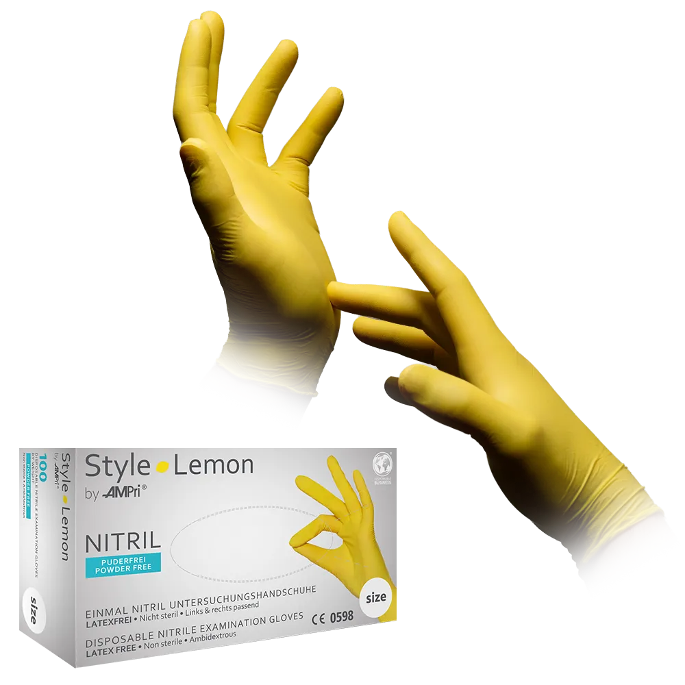 Nitrile gloves, yellow, size XL, powder free, style Lemon by Med-Comfort: buy nitrile disposable gloves as protective gloves and examination gloves in coloured nitrile.