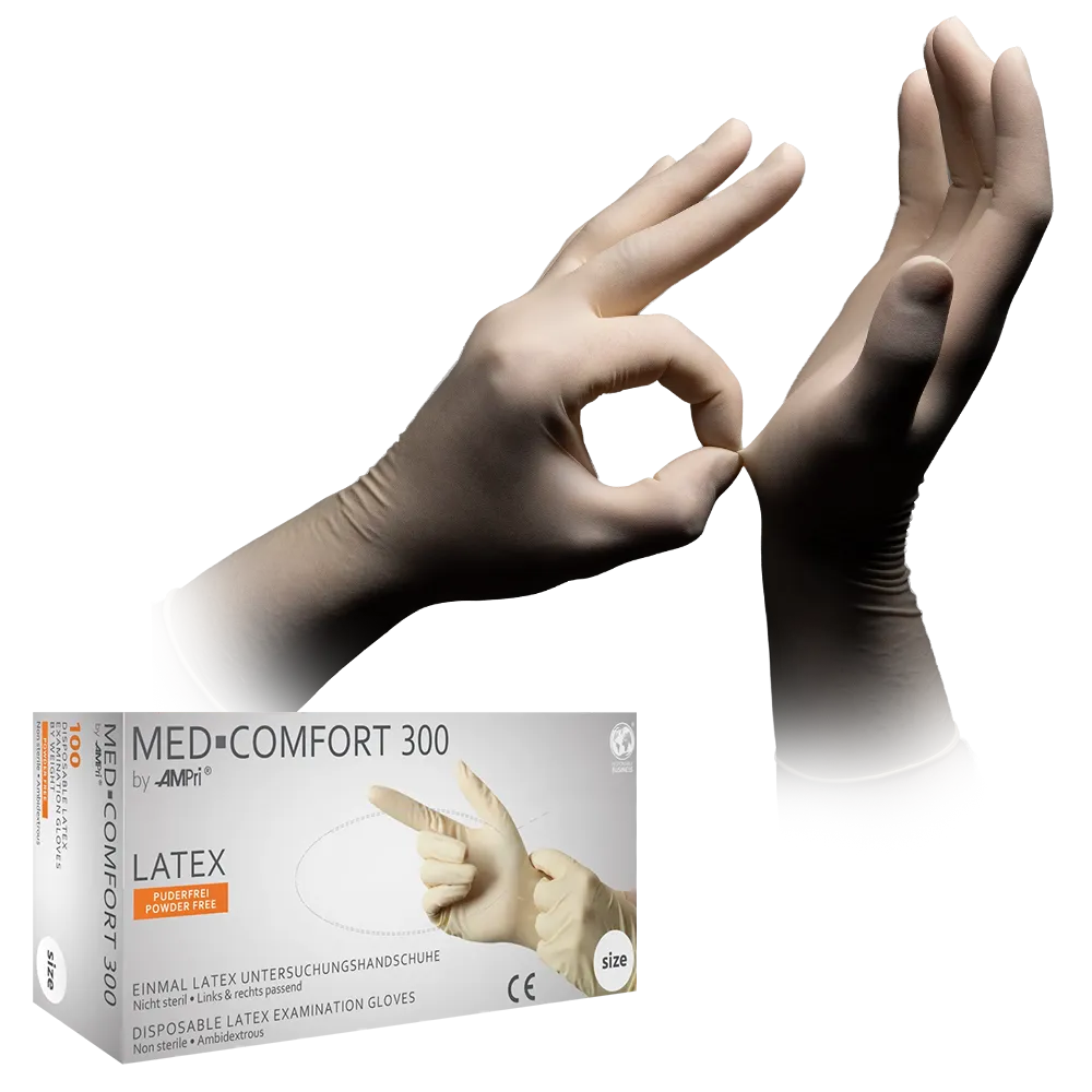 Latex gloves, white, size M, powderfree, Med-Comfort 300: buy latex disposable gloves for protection and examination.