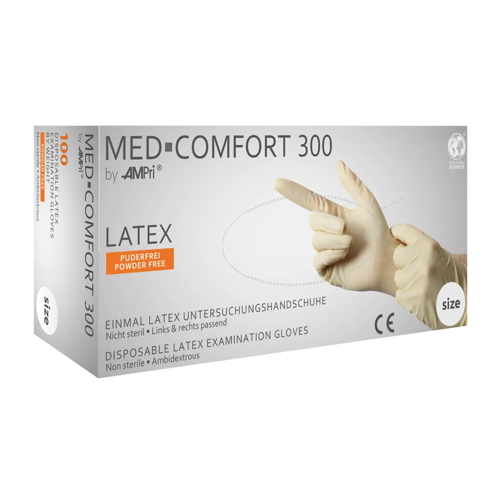Latex gloves, white, size M, powderfree, Med-Comfort Premium Grip 