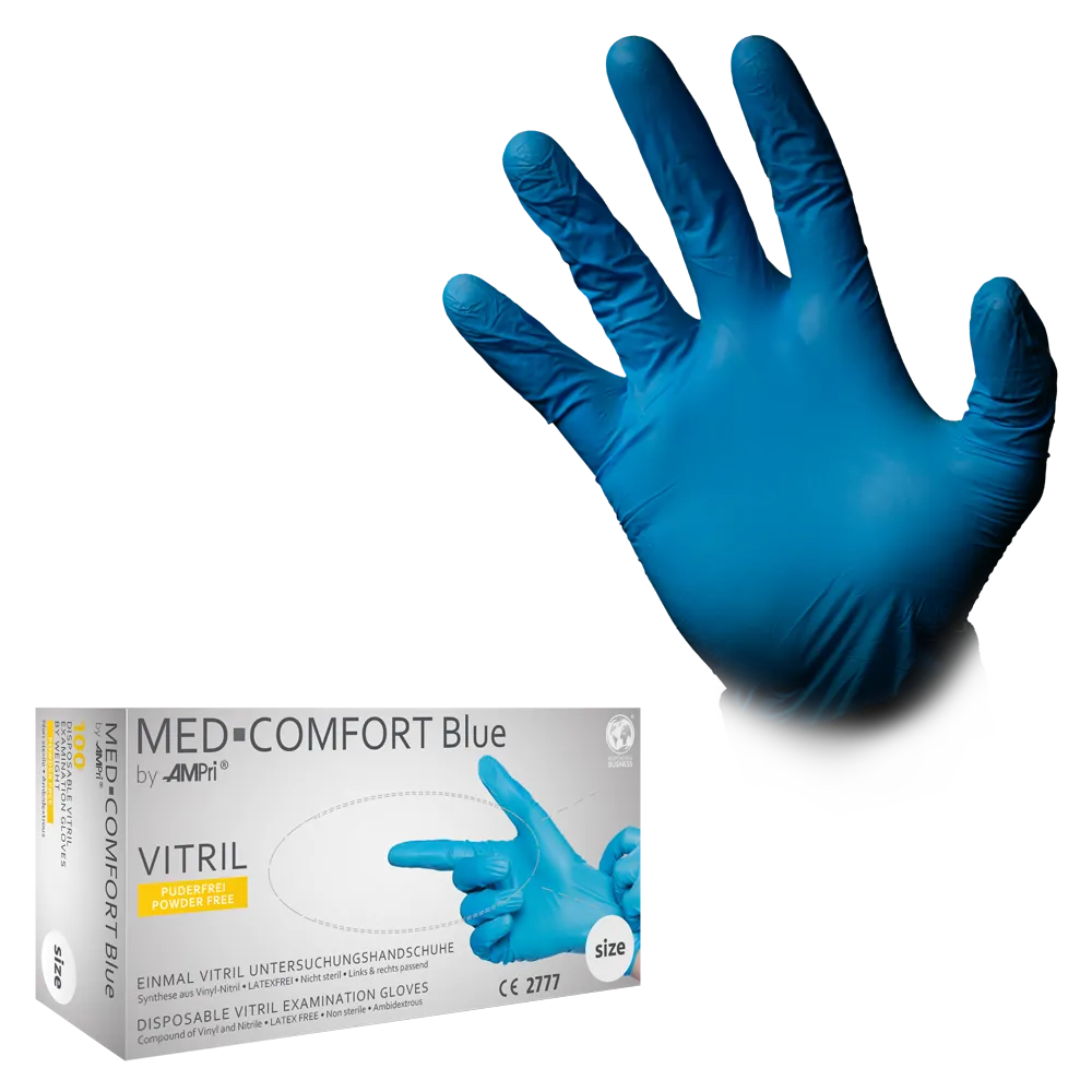 Vitrile gloves, blue, size L, powderfree, Med-Comfort blue Vitrile: buy vitrile disposable gloves & protective gloves as PPE.