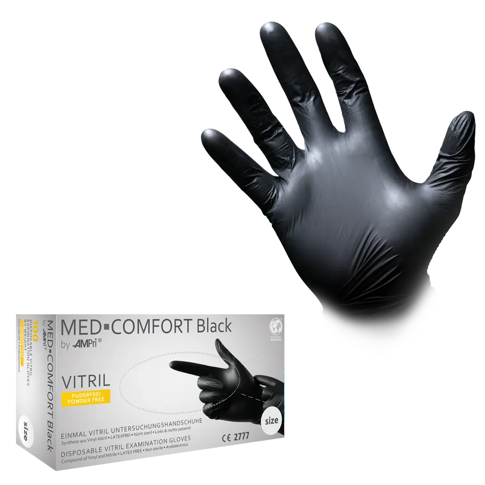 Vitrile gloves, black, size XL, powderfree, Med-Comfort blue Vitrile: buy vitrile disposable gloves & protective gloves as PPE.