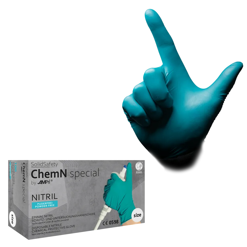 Disposable nitrile gloves, size M, green, Solidsafety Chemn Special: buy powderfree nitrile glove as chemical protection glove and examination glove.