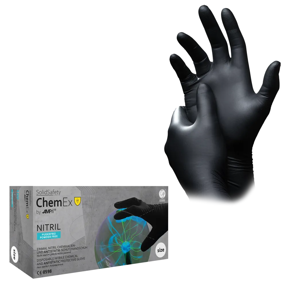 Protective nitrile glove, M, black, SolidSafety Chem Ex nitrile glove: buy antistatic and powderfree disposable chemical protective glove as PPE.