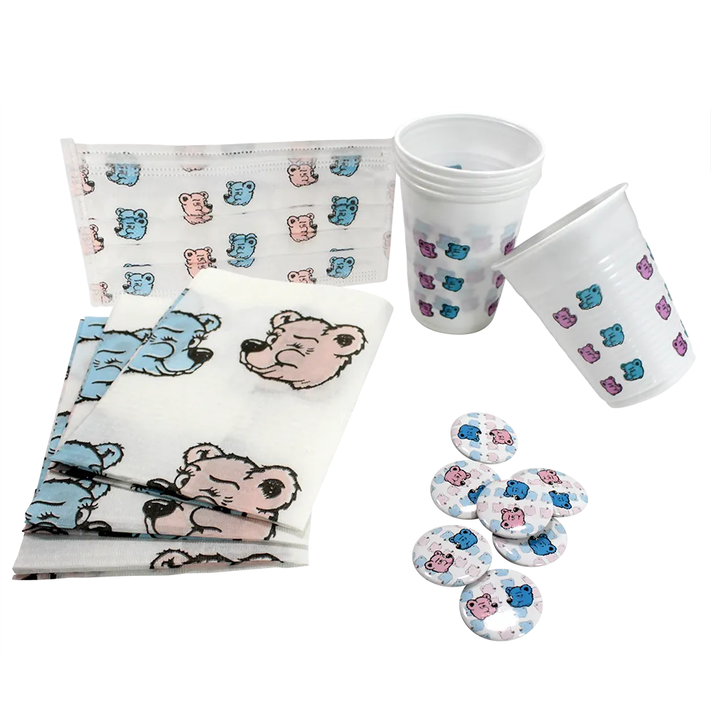 Dental Happy kids set, Bear Print: buy dental kids set with pin buttons, disposable masks as mouth guards, patient napkins and mouth rinse cups for happy kids during dental treatments.