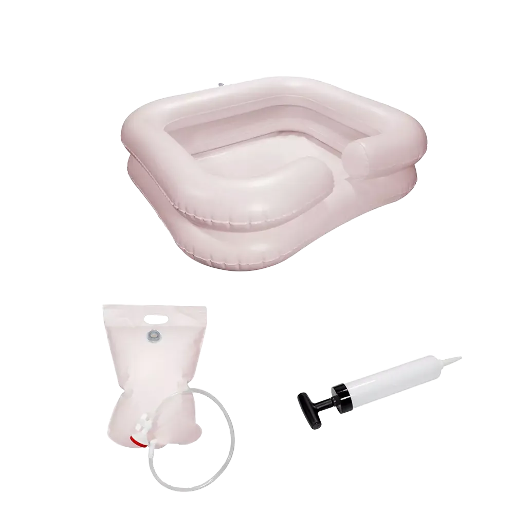 PVC Washbasin with shower device and pump, 65 x 58 x 20 cm, thickness 0.32 mm, light pink, polyvinyl chloride, Top-Comfort: buy comfortable washbasin with recess for the neck, especially suitable for washing hair while lying down, as patient supplies.