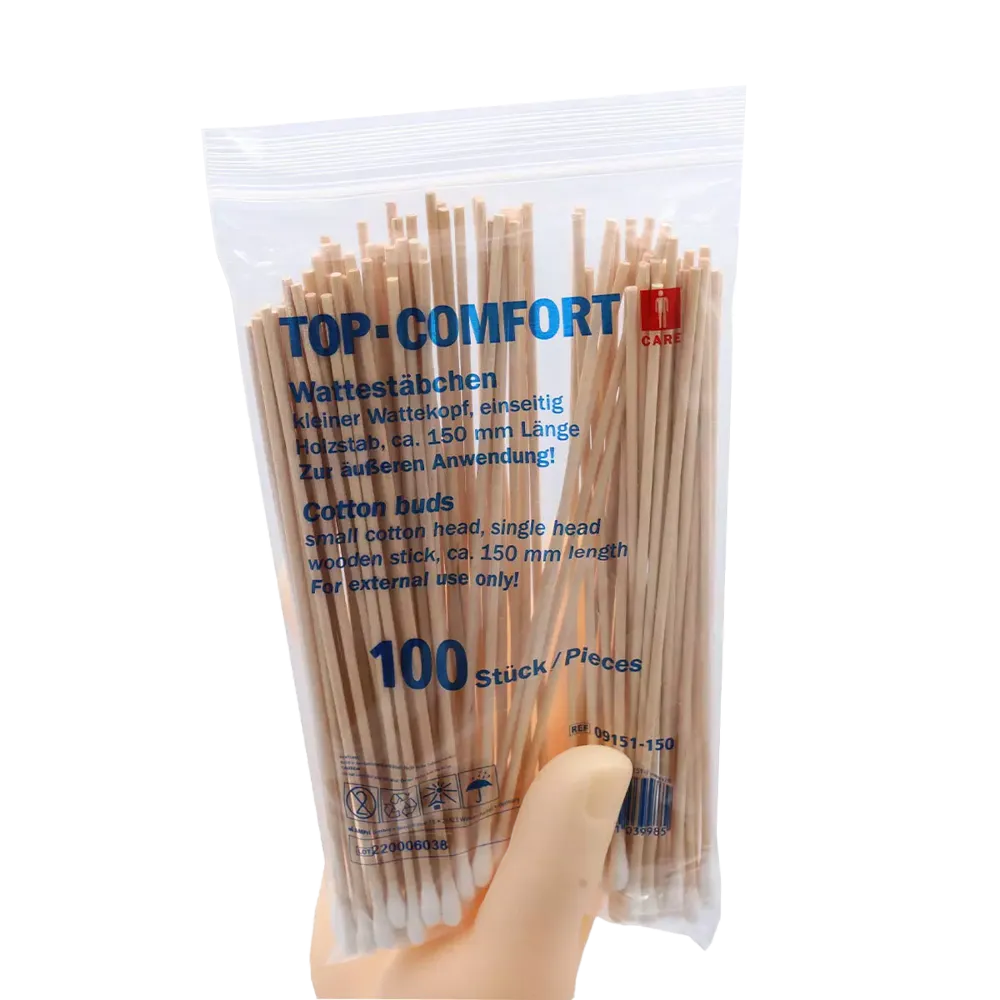 Disposable wooden stick cotton buds, 150 mm, natural wood, cotton, Top-Comfort: buy disposable cotton buds with small head.