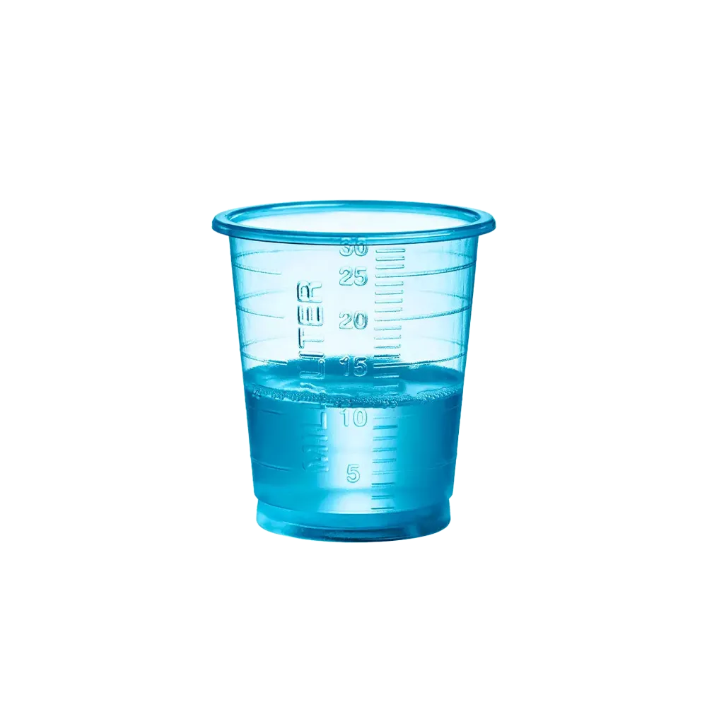 PP Eco disposable medicine cup, 30 ml, graduated, blue, Med-Comfort Eco: buy sustainably produced, medical polypropylene cup with measuring function for dispensing liquids and distributing medicines as a ward supply.