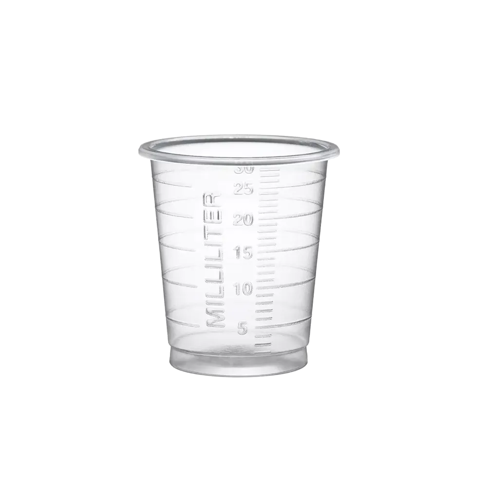 PP Eco disposable medicine cup, 30 ml, graduated, transparent, Med-Comfort Eco: buy sustainably produced, medical polypropylene cup with measuring function for dispensing liquids and distributing medicines as ward supplies.