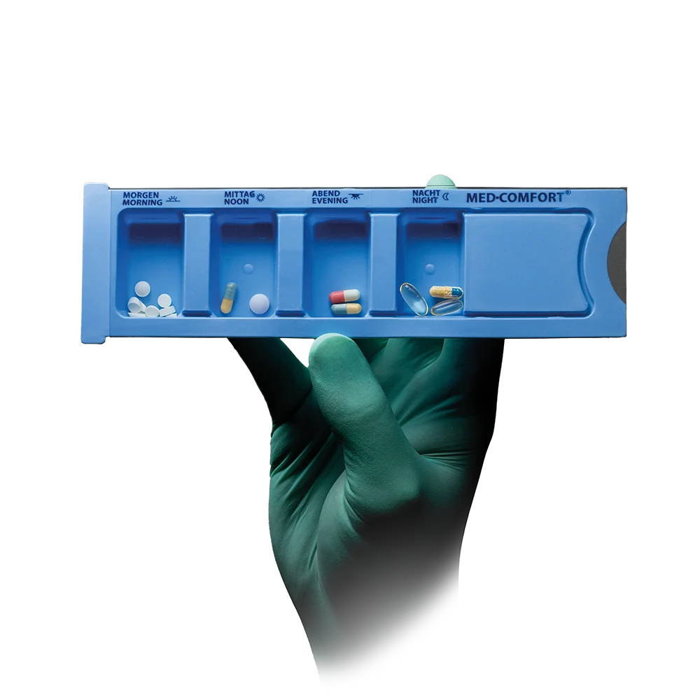 PP Disposable medicine dispenser, 4 compartments, 22,2 x 6 x 1,5 cm, blue, Med-Comfort: buy polypropylene sliding blister with imprinted daily times for storing the daily requirements of medicines as ward and patient supplies.