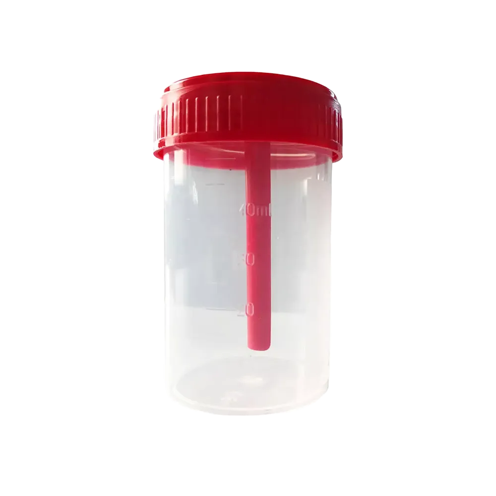 PP Stool collection container, 40 ml, transparent, red with PE closure: buy with date and name field frosted collection container with integrated spoon and screw cap for safe transport of stool as patient supplies.