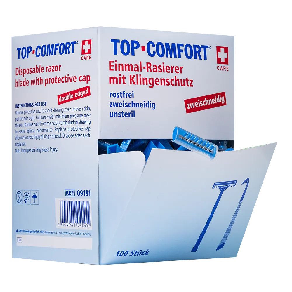 ABS disposable razor with stainless steel blade, 2 edges, colour blue, Top-Comfort: buy disposable razor for dry shaving as patient supply and patient hygiene.