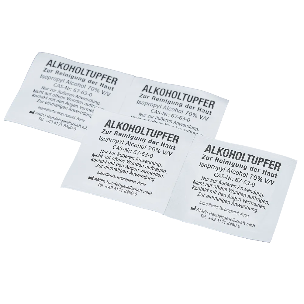 PP Viscose alcohol swabs, white, 6.5 x 3 cm - folded to 3.2 x 3 cm, Clean-Comfort: buy smooth, individually packed skin cleansing wipes soaked in 70% isopropyl alcohol as ward and patient supplies.