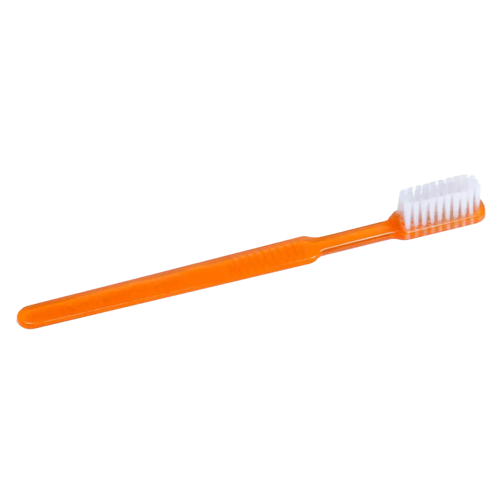 Dental PS disposable toothbrush with toothpaste, colour orange, 15 x 2,6 cm, Med-Comfort: buy polystyrene disposable toothbrush for travel and use before dental treatment, as dental supplies.