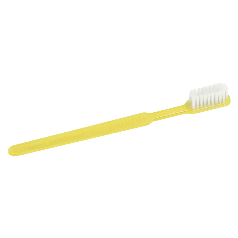 Dental PS disposable toothbrush with toothpaste, colour yellow, 15 x 2,6 cm, Med-Comfort: buy polystyrene disposable toothbrush for travel and use before dental treatment, as dental supplies.