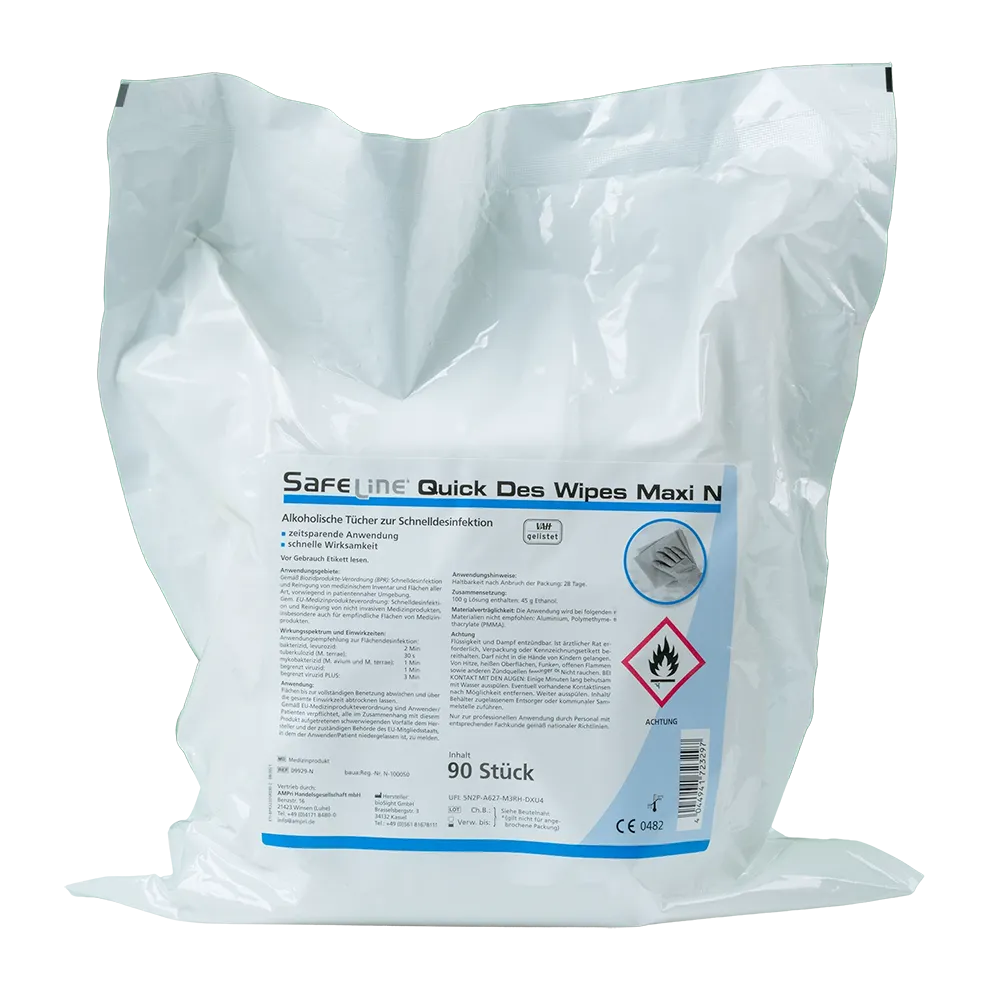 Disinfectant wipes, maxi set, in stand-up pouch, Safeline Quick Des Wipes: buy alcohol-based, ready-to-use wipes for rapid disinfection.