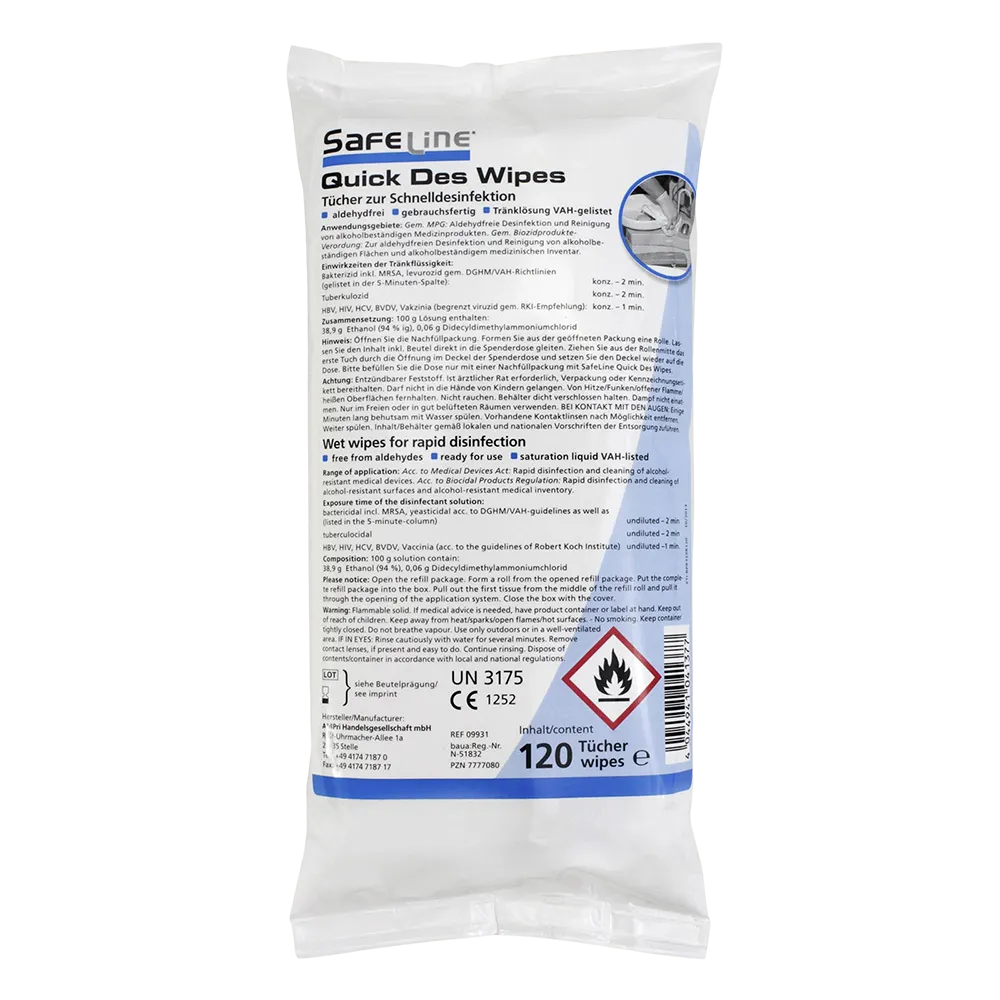 Disinfection wipes, refill, Safeline Quick Des Wipes Refill: buy alcoholic, ready-to-use wipes for rapid disinfection.