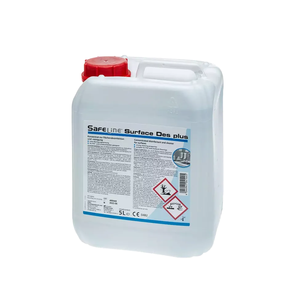 Surface Wipe Disinfection, 5 l, Safeline Surface Des Plus: buy perfume-free aldehyde-free concentrate as a surface disinfectant for the food industry and commercial kitchens.