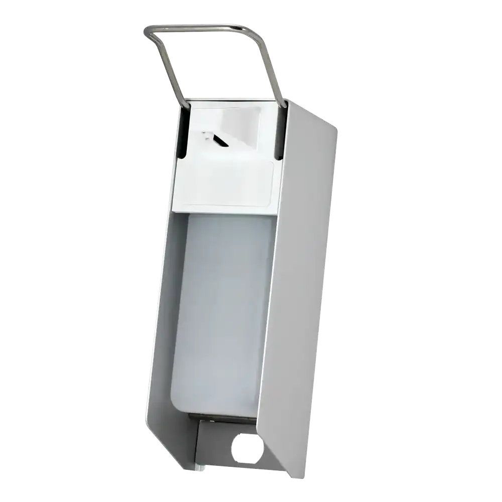 Wall dispenser for 500 ml disinfectant and liquid soaps, 270 x 81 x 160 mm, short lever: buy aluminium dispenser for liquids, including empty bottle as accessory.