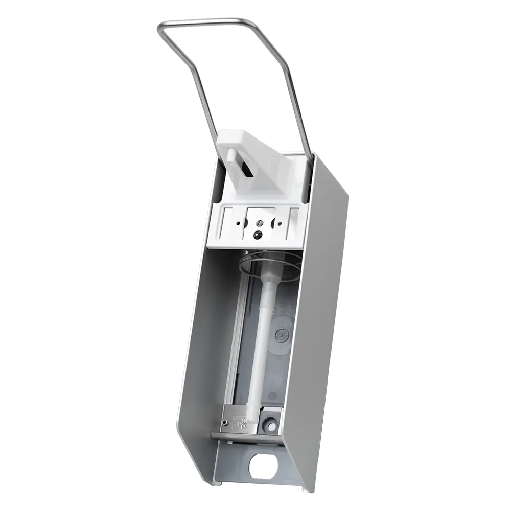 Wall dispenser for 500 ml disinfectant and liquid soaps, 270 x 81 x 230 mm, long lever: buy aluminium dispenser for liquids, including empty bottle as accessory.