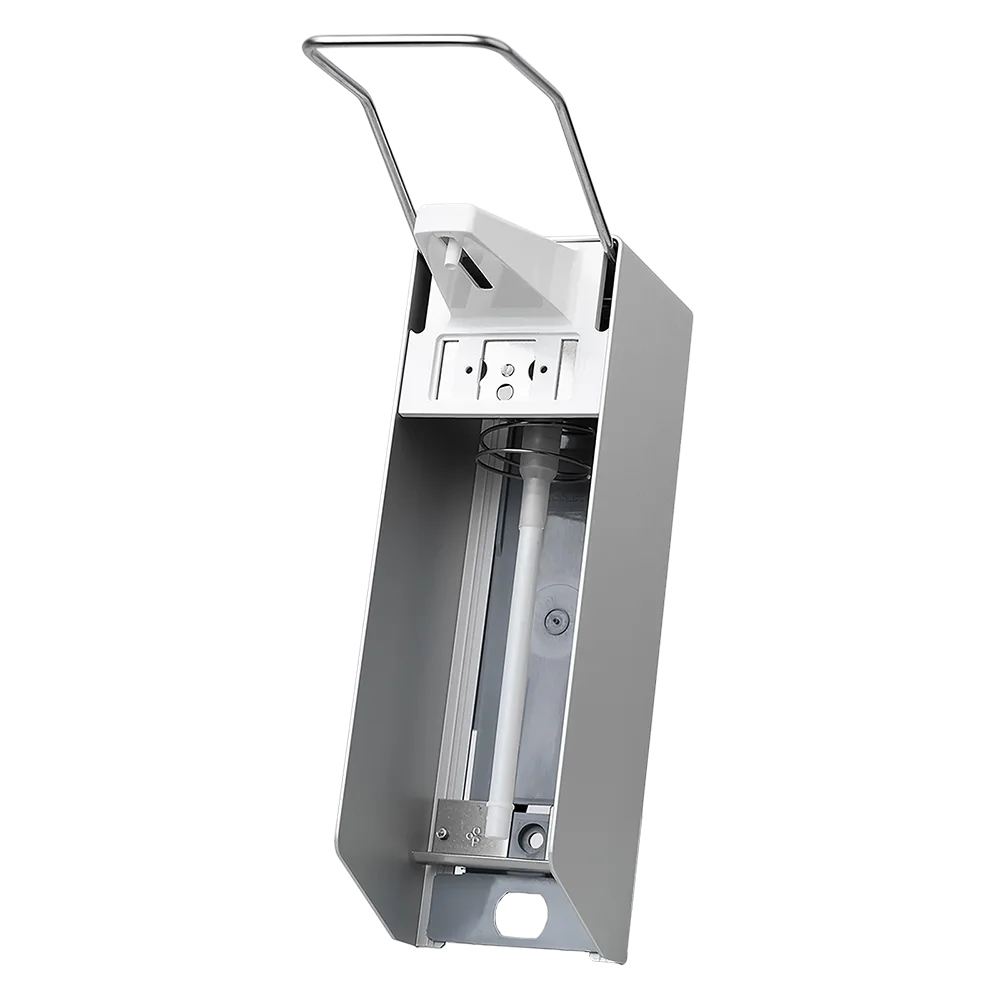 Wall dispenser for 1000 ml disinfectants and liquid soaps, 320 x 94 x 230 mm, long lever: buy aluminium dispenser for liquids, including empty bottle as accessory.