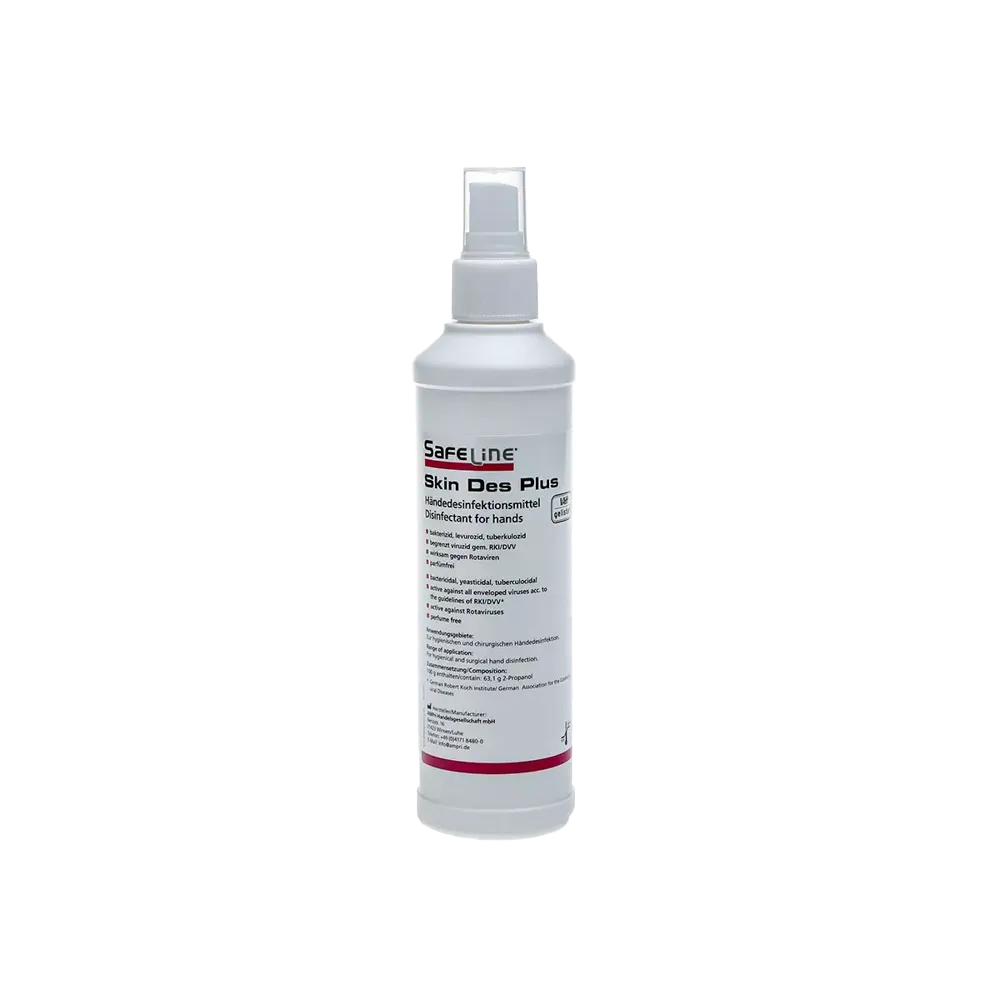 Hand disinfectant spray, 250 ml, Safeline Skin Des Plus: buy ready-to-use disinfectant for spraying, especially suitable for allergy-sensitive hands, for hygienic cleanliness for application on the skin.