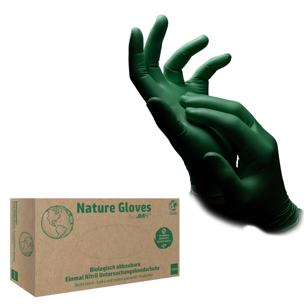 Nitrile gloves, green, size XL, powder free, Nature gloves by Med-Comfort: buy nitrile disposable gloves as protective gloves and nitrile examination gloves.