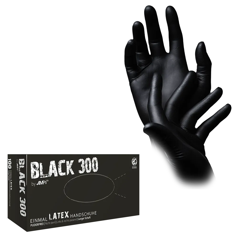 Latex gloves with overlength, black, size M, unpowdered, Black 300 Latex: buy latex disposable as examination gloves & protective gloves.