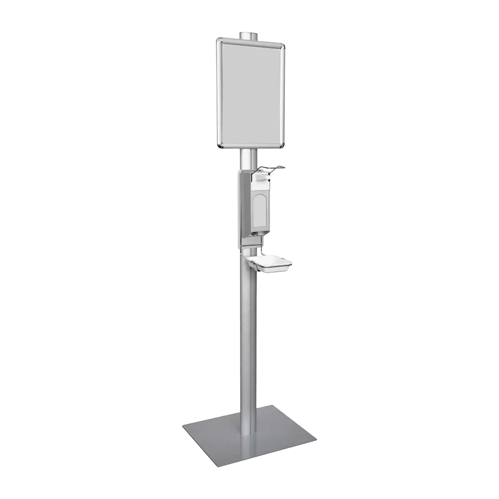 Mobile disinfection column with information frame: buy disinfectant dispenser 1 l with long arm lever for hand disinfection in entrance areas.