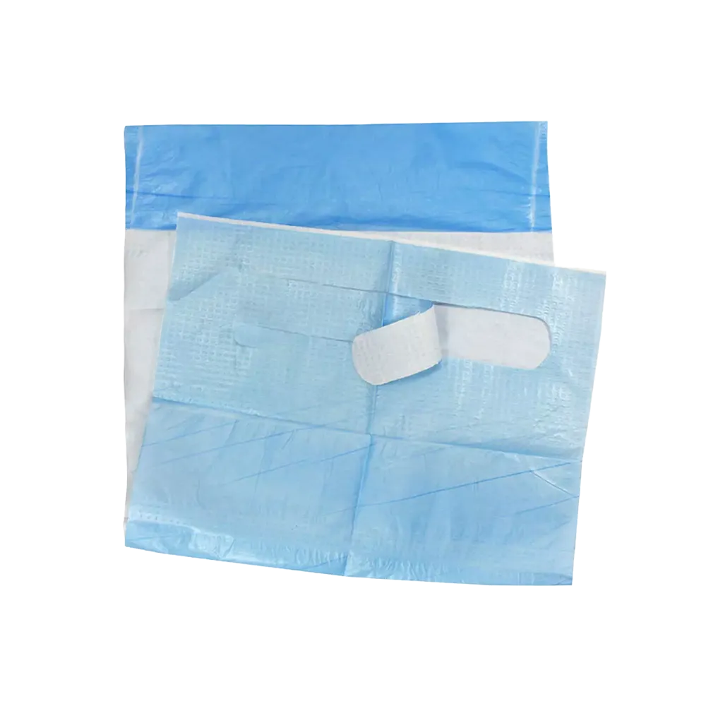 PE Disposable bibs, 640 x 360 mm, white, blue, Med-Comfort: buy disposable bibs with pocket and PE-coating for binding for use in medicine, nursing and care of the elderly.