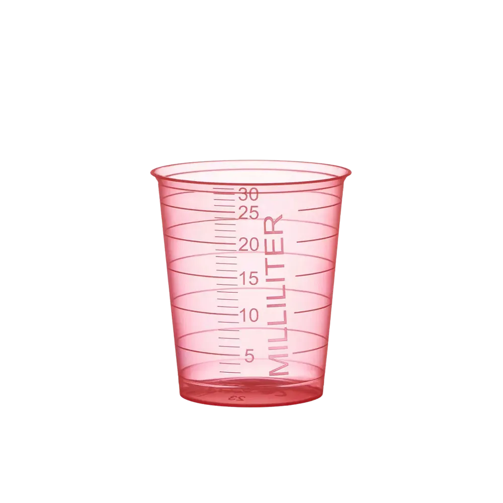 PP Medicine cup, colour red, 30 ml, graduated: buy polypropylene medicine cups for taking medicines or for dosing liquids and dispensing medicines as ward supplies.