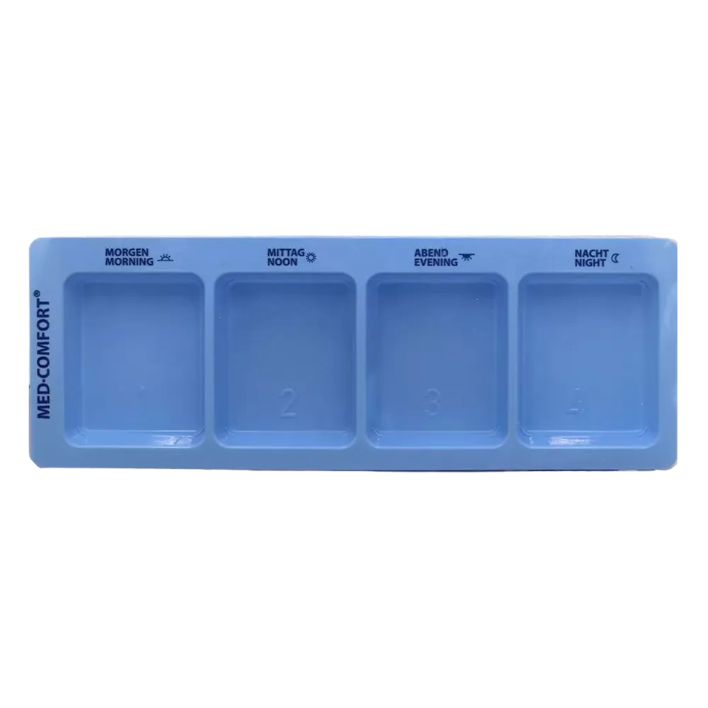 PP Disposable medicine dispenser, 4 compartments, 22 x 8 x 2 cm, blue, Med-Comfort: buy extra-large polypropylene sliding blister with printed daily times for storing the daily requirements of medicines as ward and patient supplies.