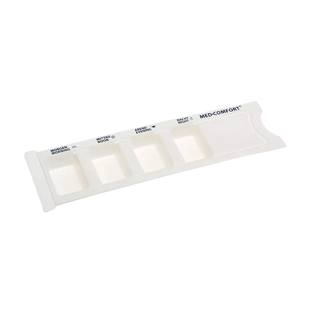 PP Disposable medicine dispenser, 4 compartments, 22,2 x 6 x 1,5 cm, white, Med-Comfort: buy polypropylene sliding blister with imprinted times of day for storing the daily requirements of medicines as ward and patient supplies.