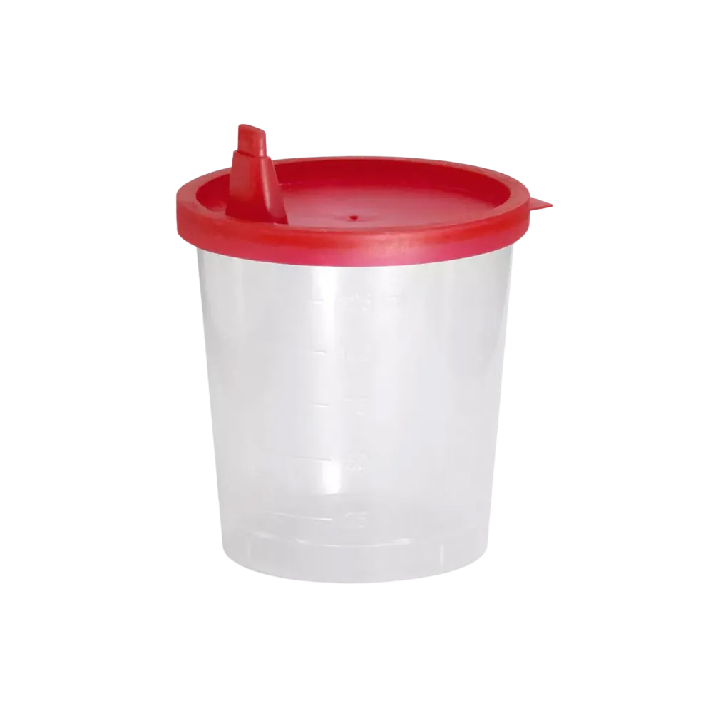 PP Lid for urine collection container, red: buy lid for graduated urine cup for safe transport of urine as ward and patient supplies.