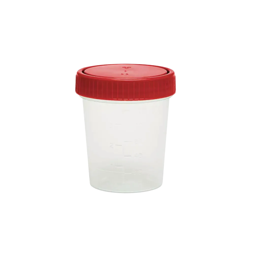 PP Urine collection container with screw cap, 125 ml, colour transparent, red: buy graduated urine cup for the safe transport of urine as ward and patient supplies.