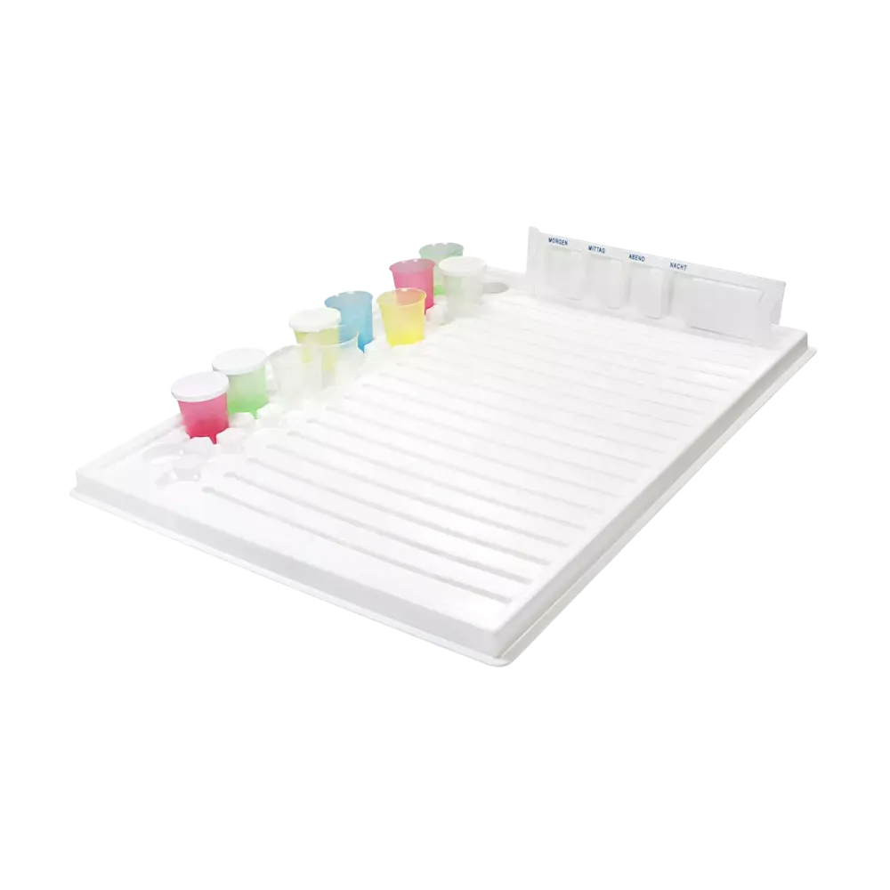 Medicine tray, plastic, 440 x 340 x 15 mm: buy tray for medicines for the safe transport of 19 medicine dispensers and 19 medicine cups as ward and patient supplies.