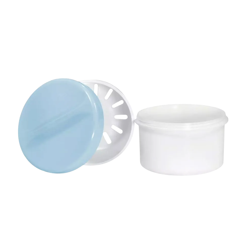 PP Disposable denture cups, white, blue, 250 ml capacity: buy cup with lid and insert made of polypropylene for dentures to as dental supplies.