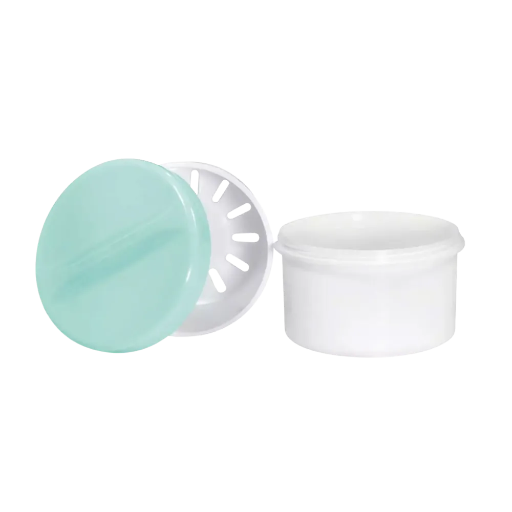 PP Disposable denture cups, white, green, 250 ml capacity: buy cup with lid and insert made of polypropylene for dentures to as dental supplies.