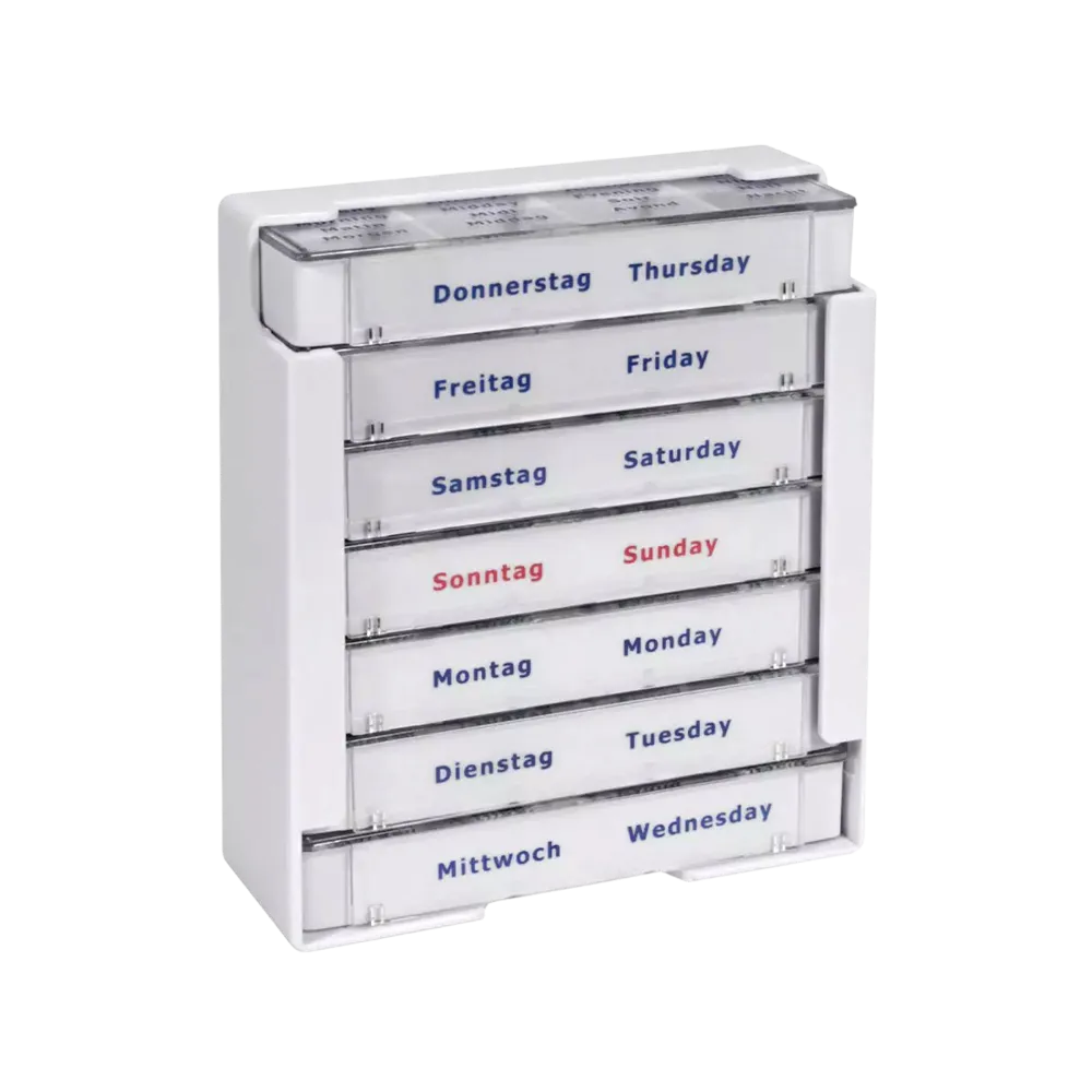 Tablet dispenser, 375 x 225 x 40 mm, white, Med-Comfort: buy robust, heat-resistant and 4-language printed dispenser for tablets made of acrylic butadiene styrene, polycarbonate with 7 removable daily dispensers with 4 compartments each as ward supplies.